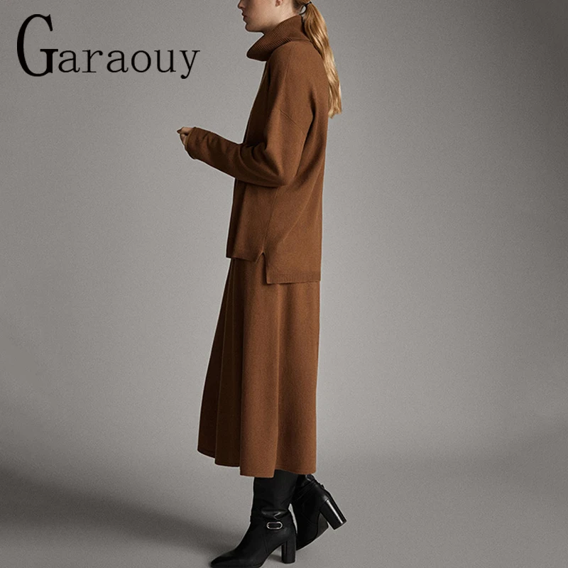 Garaouy 2022 Autumn Winter Women Solid Turtleneck Pullover Loose Sweater + High Waist Midi Skirt Female Knit Jumper Tops Bottoms