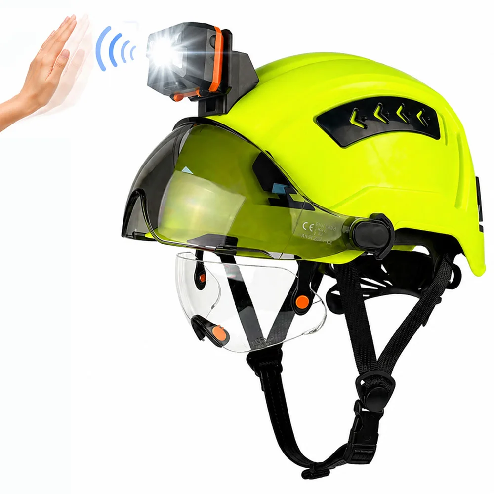 CE Professional Safety Helmet Led Headlight Double Goggles Vented Hard Hat Site Construction Mechanic Protective Cap PPE ANSI