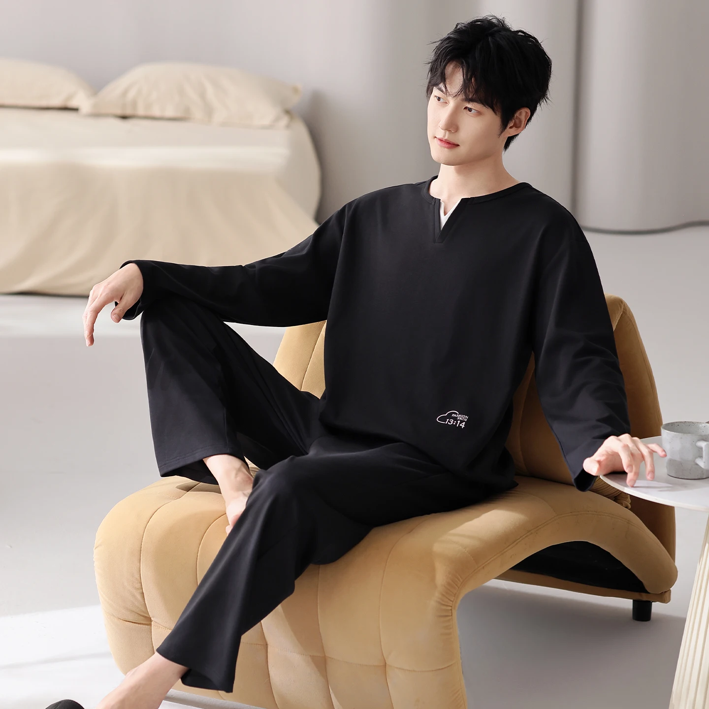 Men pajamas set spring autumn long sleeve 2 pieces sets full pure cotton solid color sleeping clothes v collar pijamas hombre4XL