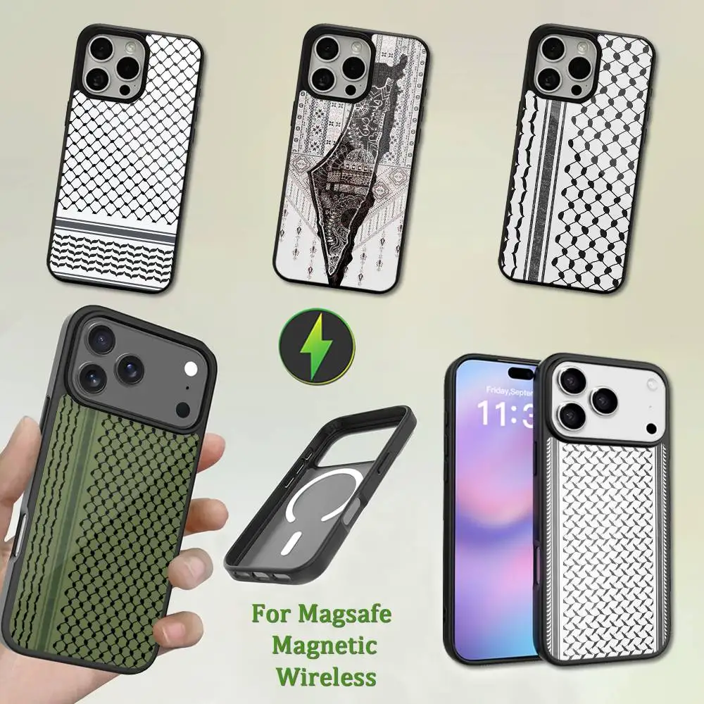 Keffiye P-Palestines Art Capa de telefone para iPhone 13,12,11,16,15,17,14,Pro,Max,Plus,Mini,Magsafe, carregamento magnético sem fio