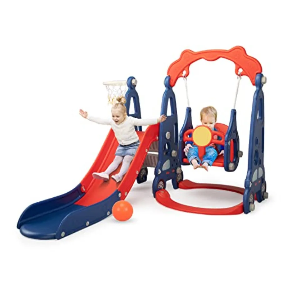 

4 in 1 Slide Climber Swing Set Freestanding Toddler Slide Climber Playset with Basketball Hoop Toddler Playground Indoor Outdoo