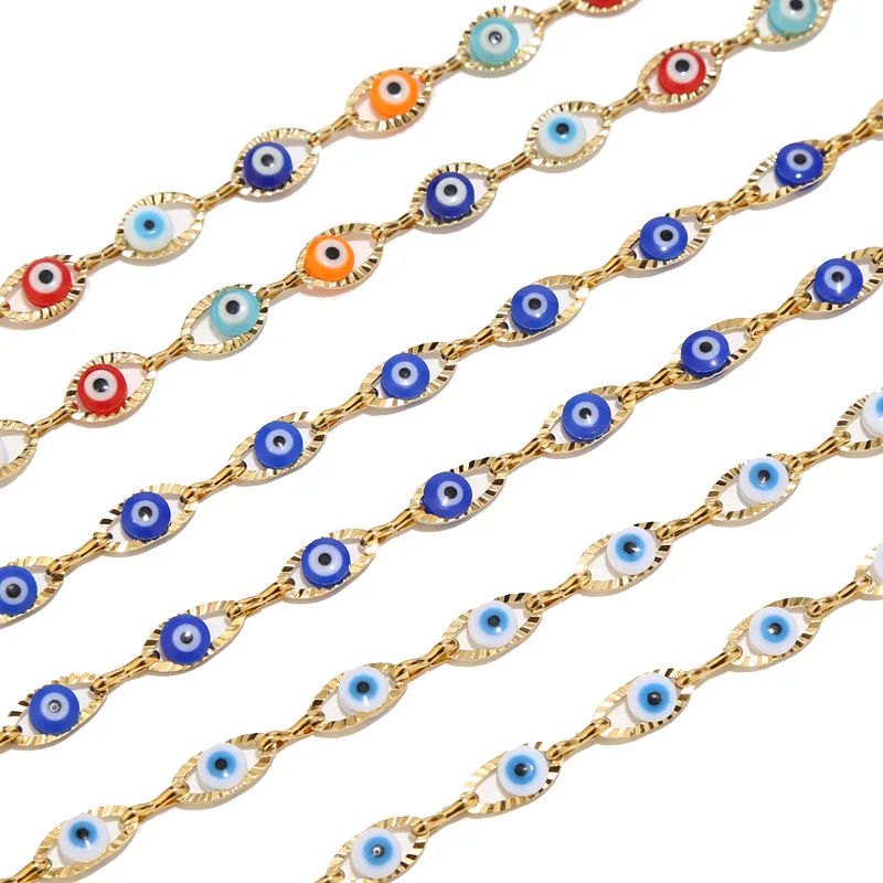 

1M/2M Stainless Steel Gold Plated 6.5mm Charm Oval Eyeglass Chains Turkish Evil Eye Link Chain for DIY Jewelry Necklaces Making