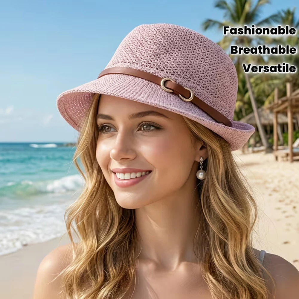 Women's Casual Hat, Fashionable Hat for Spring and Summer, Belt Decoration, Beach Hat, Suitable for Outdoor Travel, Stylish and Versatile, Breathable, Multi-Functional Decoration