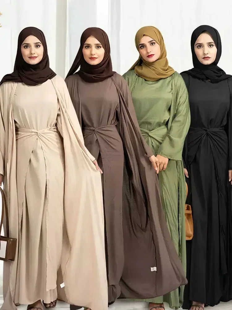 3 Pieces Abaya Kimono Matching Muslim Sets Linen Open Abayas for Women Dubai Luxury Turkey Hijab Dress+Wrap Skirt Islamic Outfit