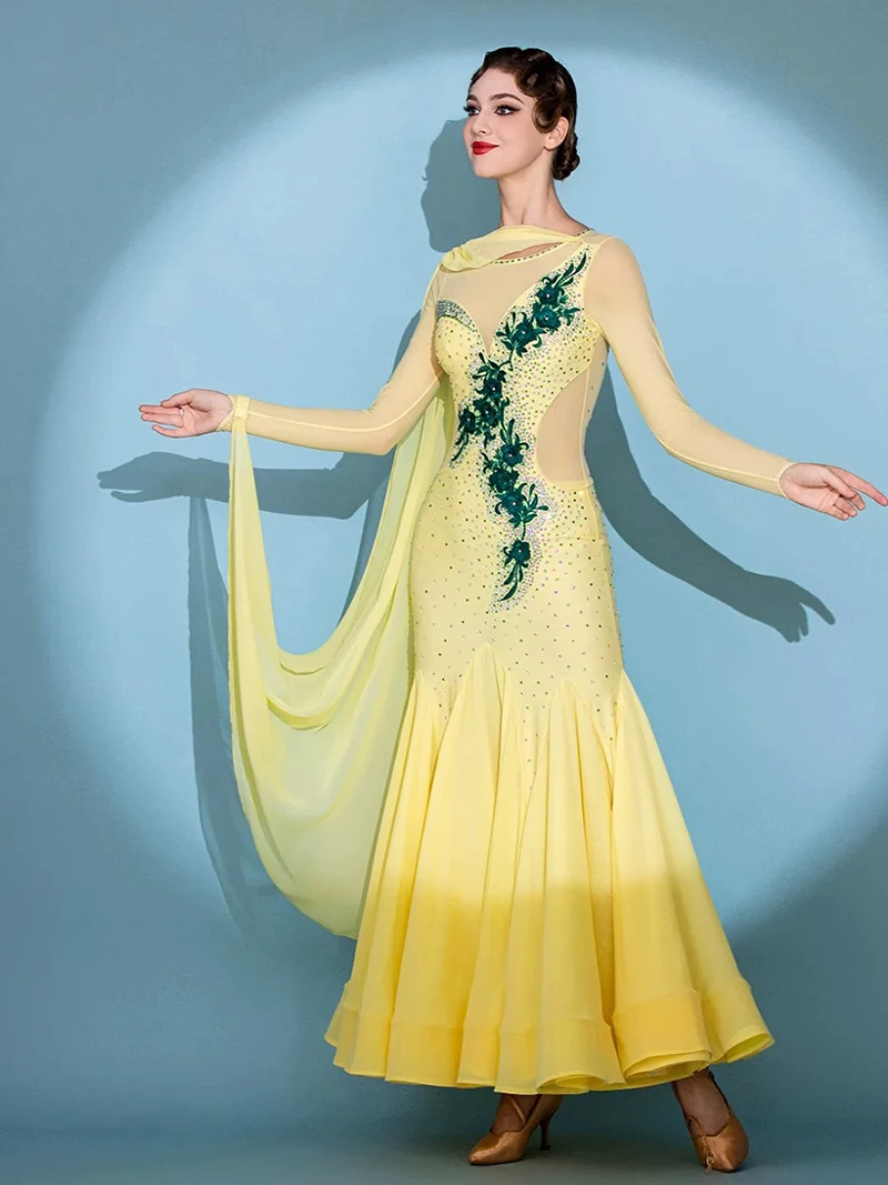Standard Waltz Dance Dress Elegant Yellow Shiny Diamond Tango Ballroom Competition Dancing Costume Lady's Ballroom Dance Dresses
