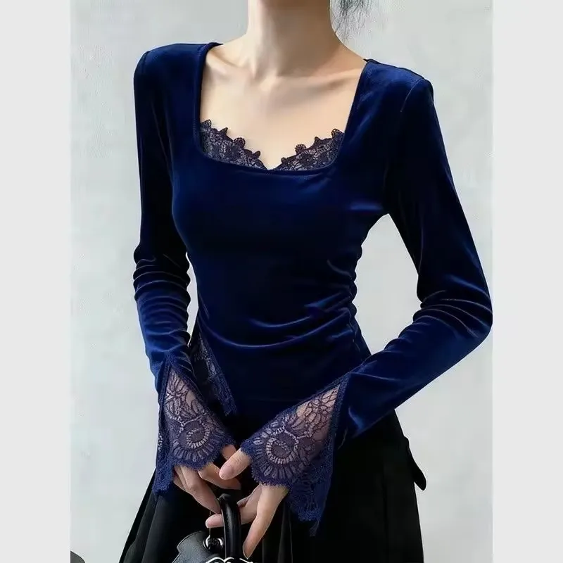 

Elegant Chic French add Fleece Shirt Women 2026 Autumn Winter Lace Splicing Long Sleeves Base Layer Tops
