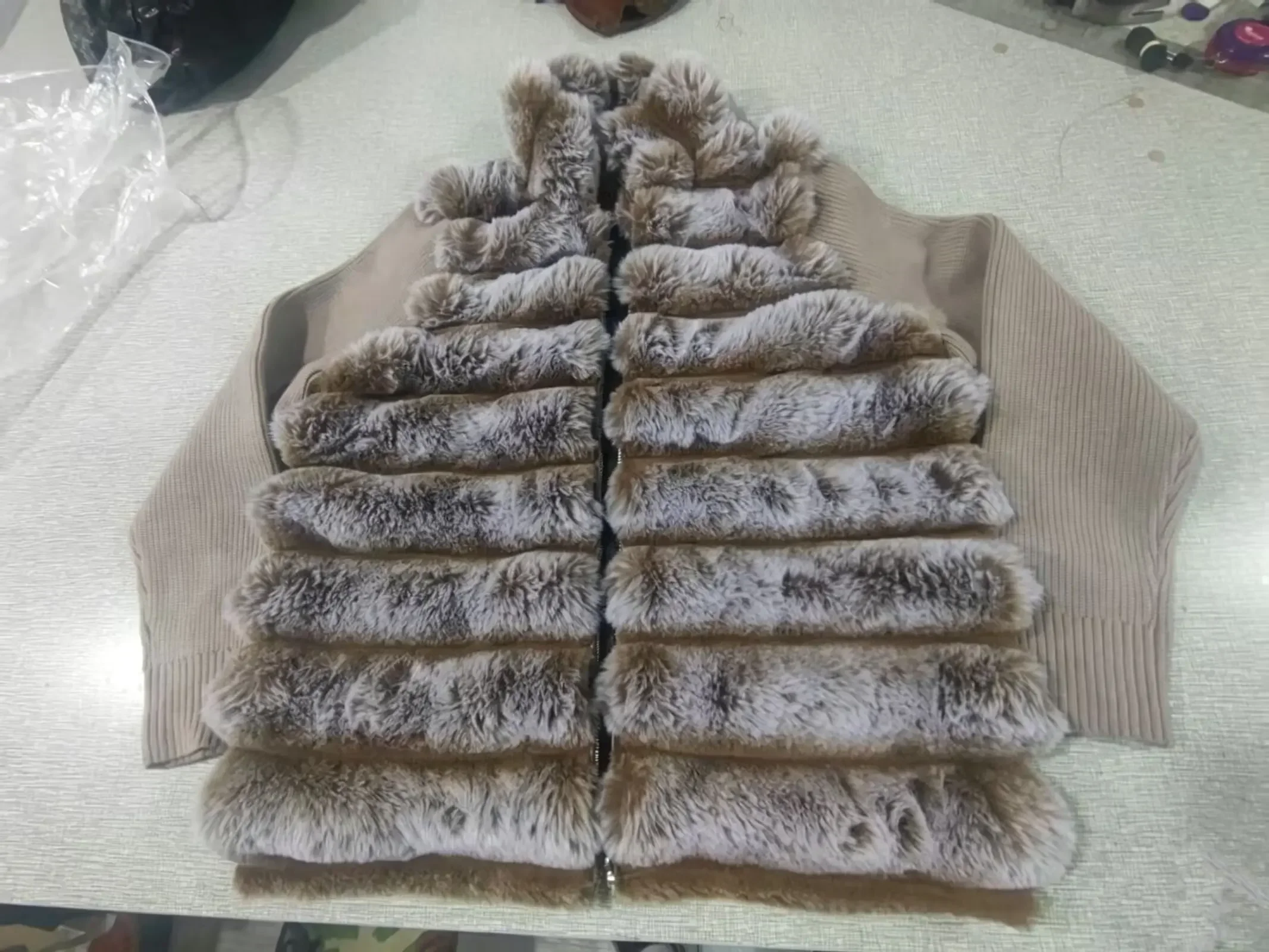 Stand Collar Knit Sleeve Patchwork Striped Faux Fur Jacket Loose Zipper Up Mid-length Coat 2026 Winter Fashion Lady Chic Outwear