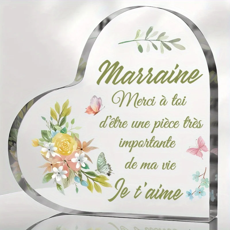 [2D Flat] 1pc Heart-Shaped Acrylic Ornament with French Colorful Flowers & Butterflies - Ideal Gift for Godmother, Classic Home