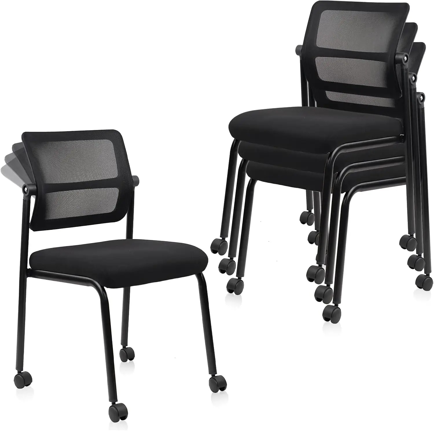 Black Mesh Stacking Office Guest Chair 4-Pack with Wheels, Armless Design, Adjustable Backrest for Conference, Lobby, School