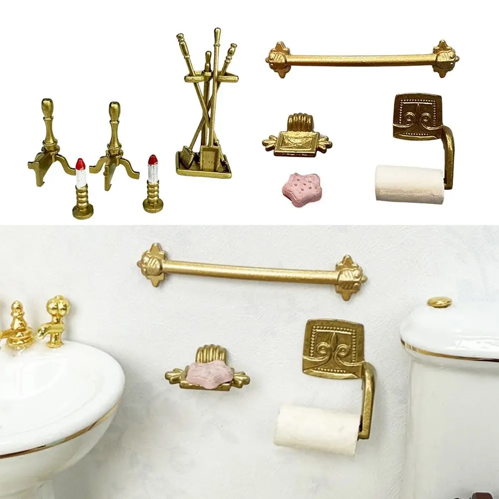 1/12 escala casa de bonecas móveis saboneteira ouro em miniatura toalheiro papel lareira acessórios modelo casa boneca toalheiro conjunto