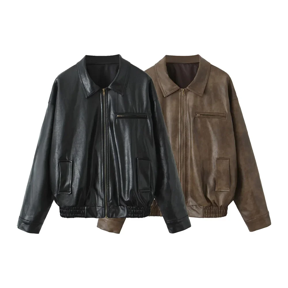 Pop 2024 Autumn New Product Women's Fashion Leisure Versatile Flip Collar Long Zipper Leather Coat