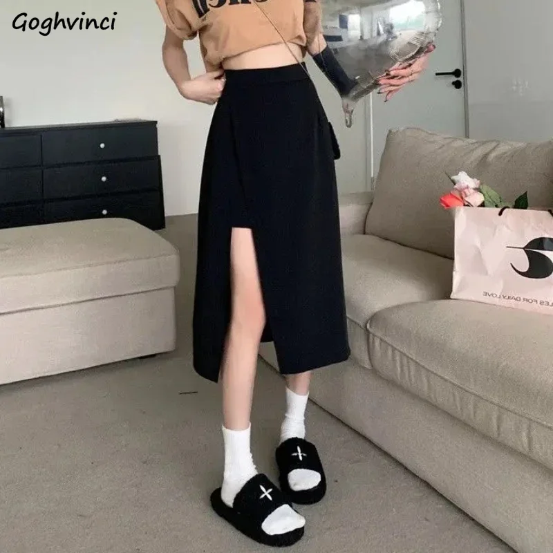 

Midi Skirts Women High Waist Solid Side-slit A-line Hip-covering All-match Streetwear Korean Fashion Students Popular Spring