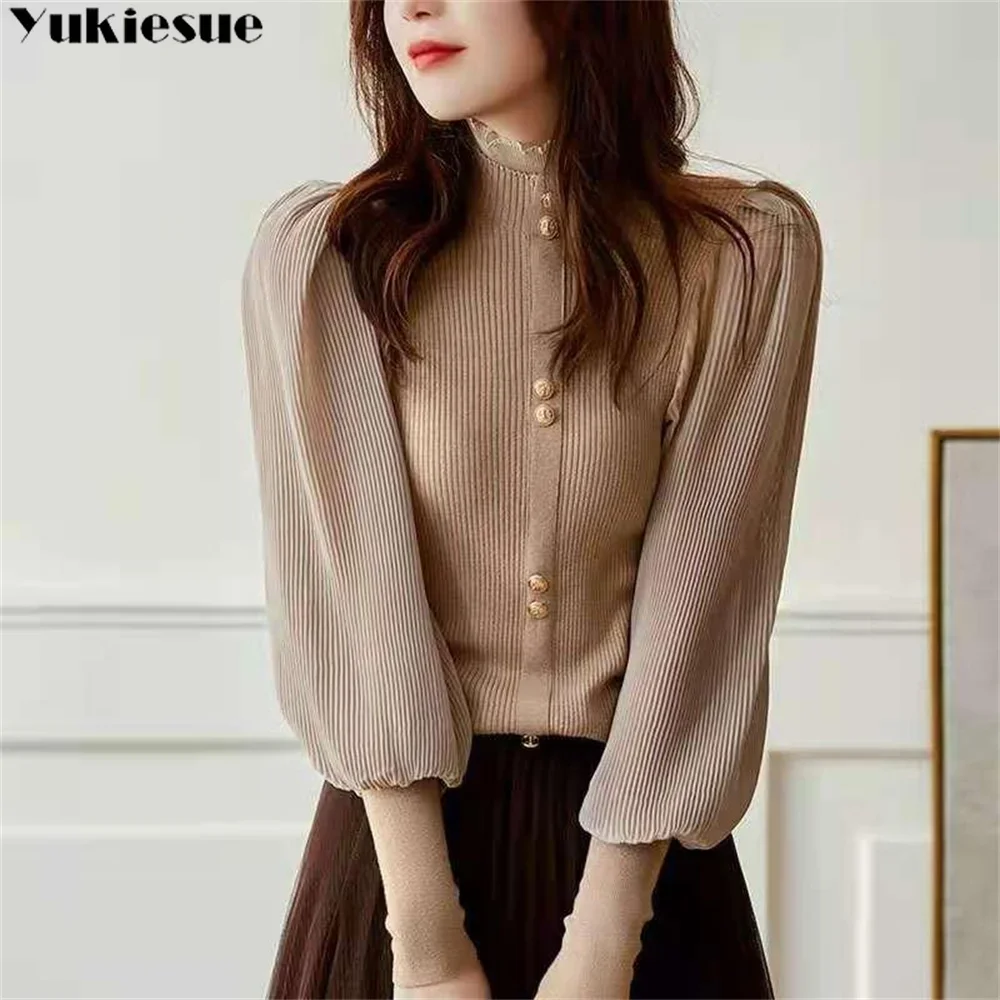 

Elegant Women's summer blouses knitted pleated casual woman tops women shirt blouse chemise femme blusas long sleeve top