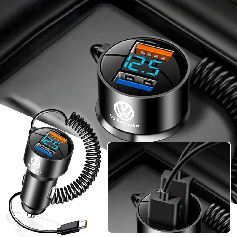 Cargador de coche de 100W con cable tipo C, USB, 12V, adaptador de carga súper rápida para vehículo, 2 en 1, para Volkswagen VW Polo Tiguan Passat Jetta