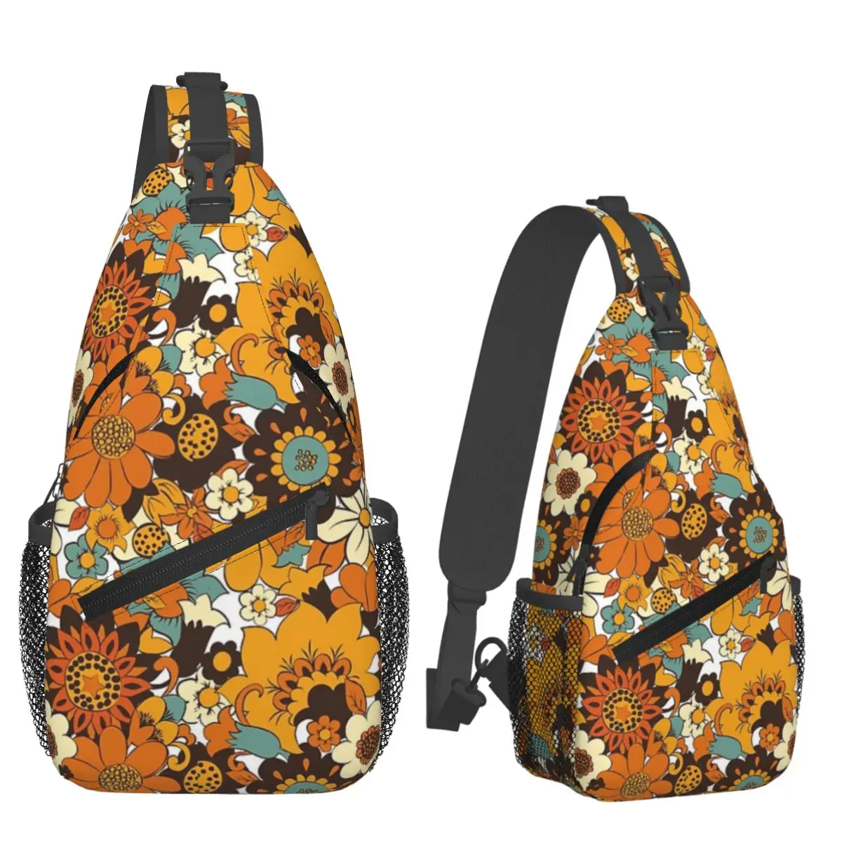 70s 60s Retro Flower Power, Floral Pattern Chest Bag Men Sling Crossbody Backpack Chest Bag Traveling Daypack Shoulder Bag