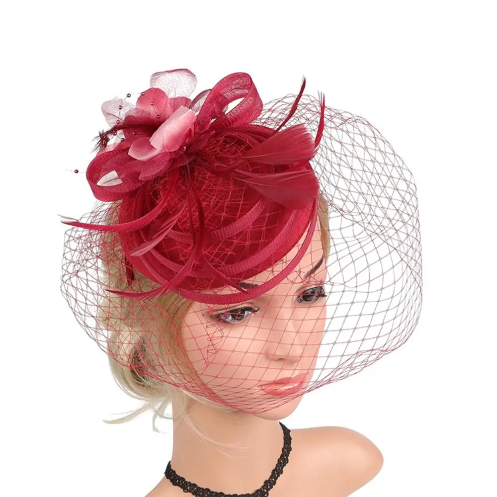 Floral Flower Feather Hairpins Corsage Fascinator Feathers Hair Hoop Mesh Hairbands Black Veil Headwear Dance Show Headwear