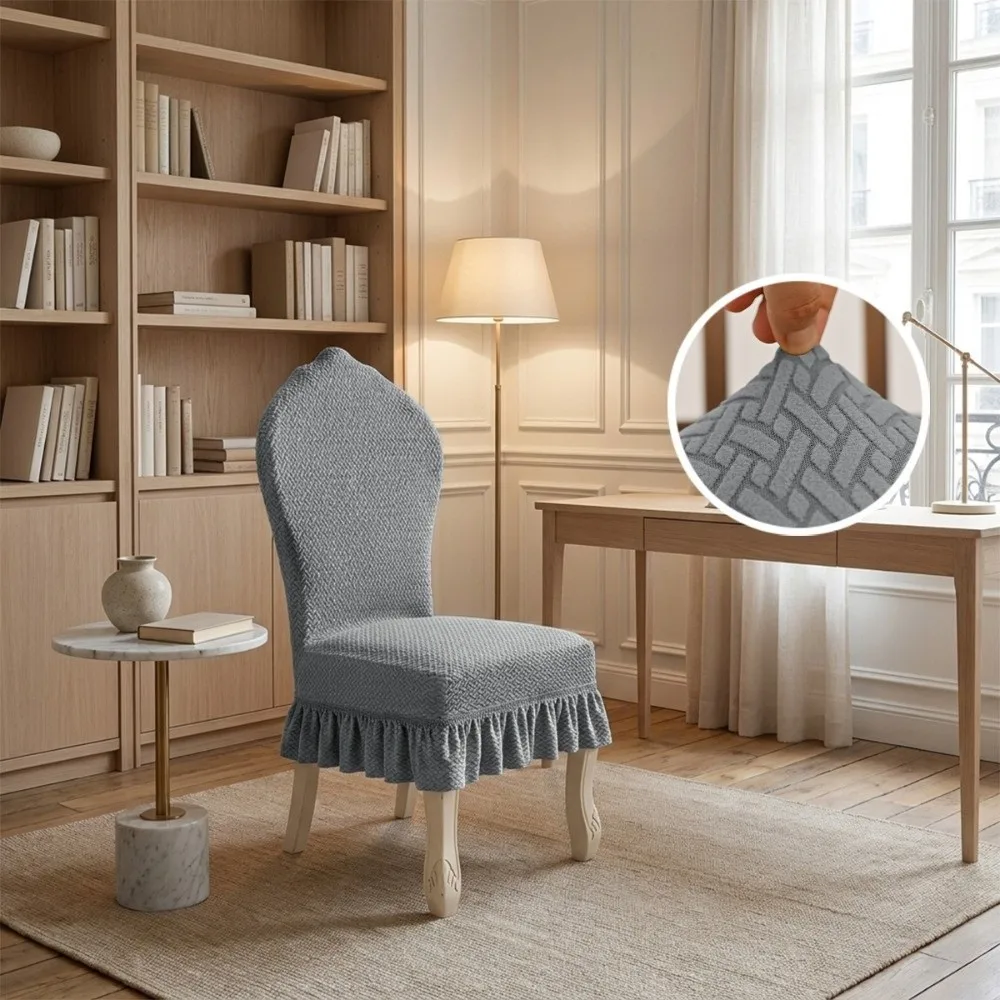 Stretch Jacquard Dining Chair Cover Ruffled Skirt Arched Design Chair Protector Grid Textured European Shield