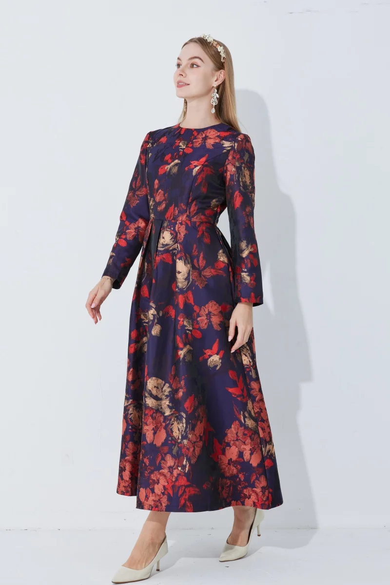 Robe maxi à manches longues pour femmes, vêtements de fête vintage pour dames, robe musulmane jacquard florale, mode bohème élégante, automne