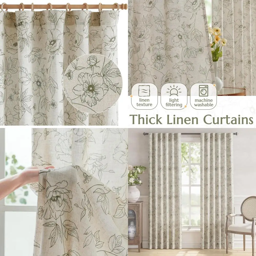 

Green Floral Linen Curtains, 84 Length, Farmhouse Style, 2-Panel Set for Living Room