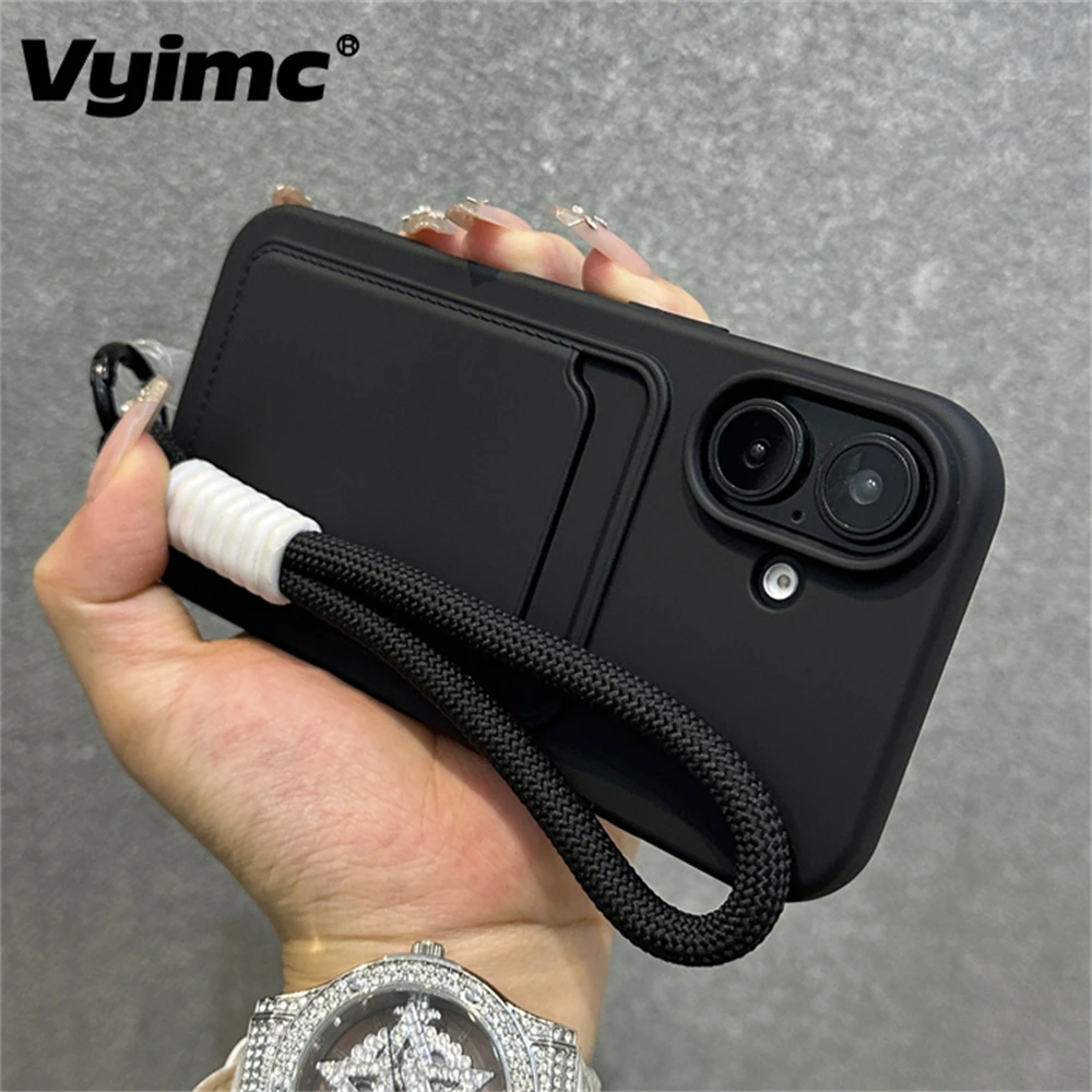 Card Slot Wallet Holder with Wrist Strap Phone Case for iPhone 13 15 16 Pro Max 11 12 14 Plus X XS XR Nylon Lanyard Bumper Cover