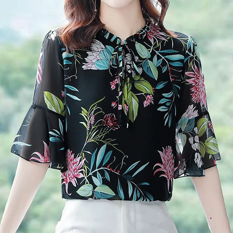 Vintage Chiffon Thin Blouse Summer New Short Sleeve Printing Lacing All-match Plus Size Shirt Tops Elegant Fashion Women Clothes