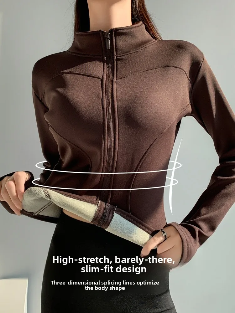 レディースヨガジャケット 冬用裏地付き 暖かいスポーツ スタンドカラー フィットネストップ 2025年新作 ウエストシェイプ カジュアルウェア