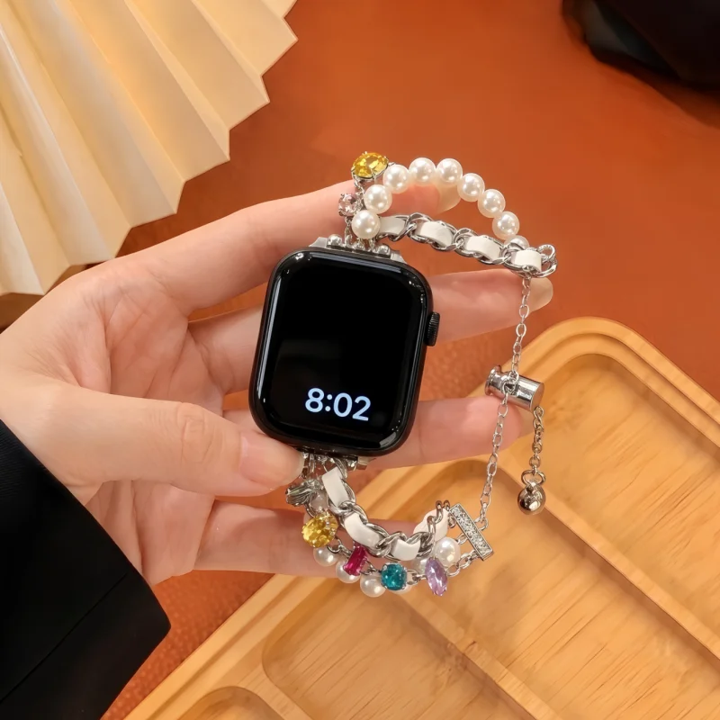 Sparkling Diamond Pearl Bracelet Strap Suitable for Apple iWatch Strap 38mm 40mm 41mm 42mm 44mm 45mm 49mm Fashion Strap
