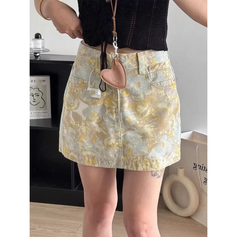 

Женская джинсовая мини-юбка с цветочным принтом, высокая талия, повседневная, модная