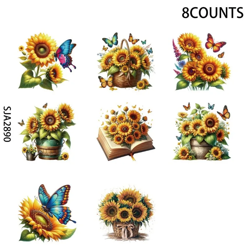 8pcs Sunflowers Watercolor Sublimation UV DTF Cup Stickers, Waterproof Sticker Pack for Decorating Mugs, DIY ，Home Decoration