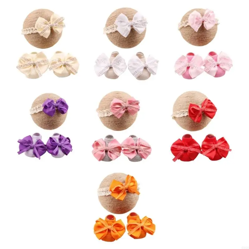 090B Comfortable Lace Headband & Safety Grip Socks Bowknot Headband Socks for Baby