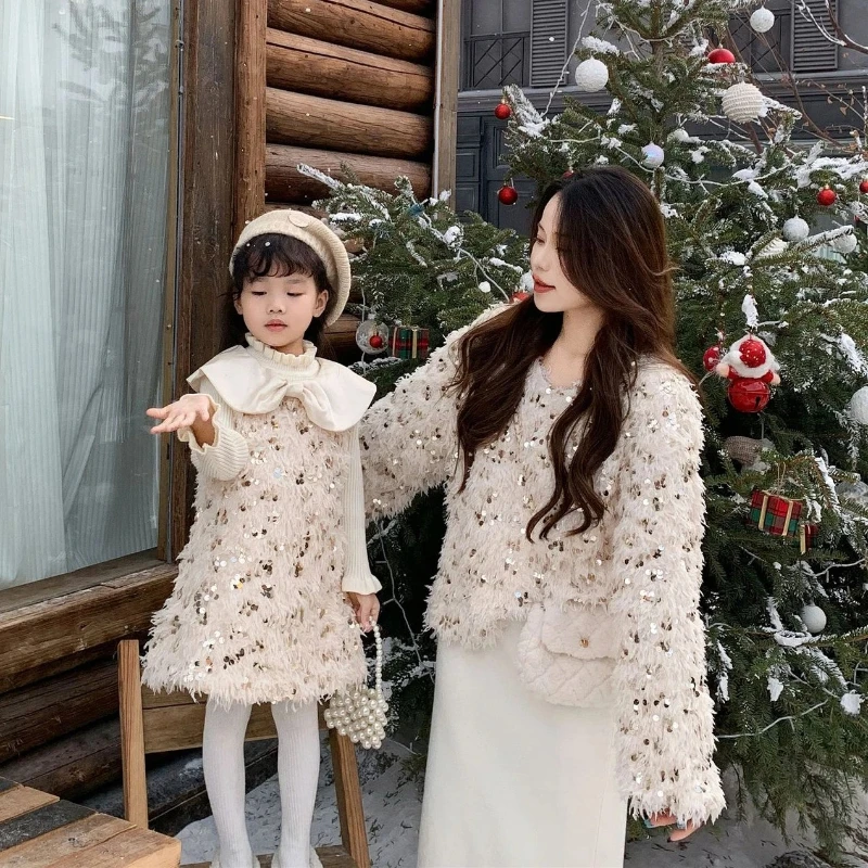 Mom and Daughter Baby Girl Tops and Collar Sleeveless Dresses Princess Couple Look Winter Clothes Women Fashion Shiny Coat Party