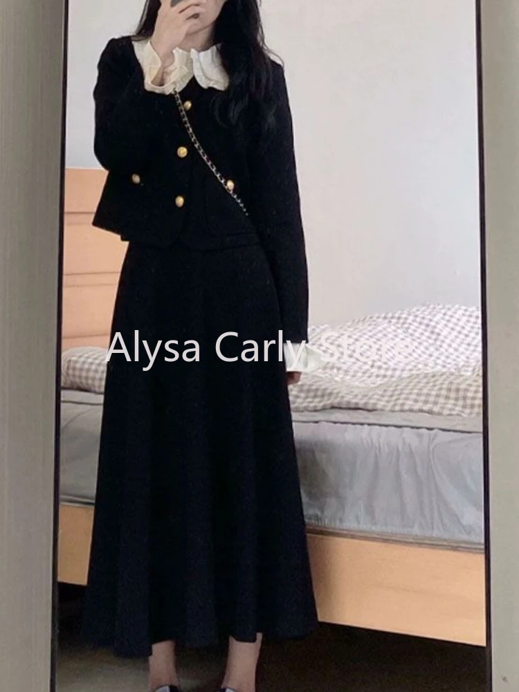 Autumn Elegant Two Piece Set Women Vintage Button Crop Coat Midi Skirt Set Female Vintage Slim Office Lady Formal Occasion Set