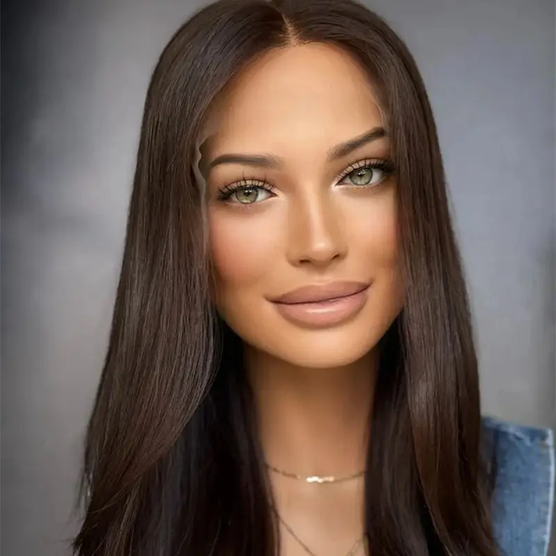 

Dark Chocolate Brown Highlights Synthetic Lace Front Wig Ready to Wear 16 Inch Short Straoght Bob Small Large Size Cap for Women