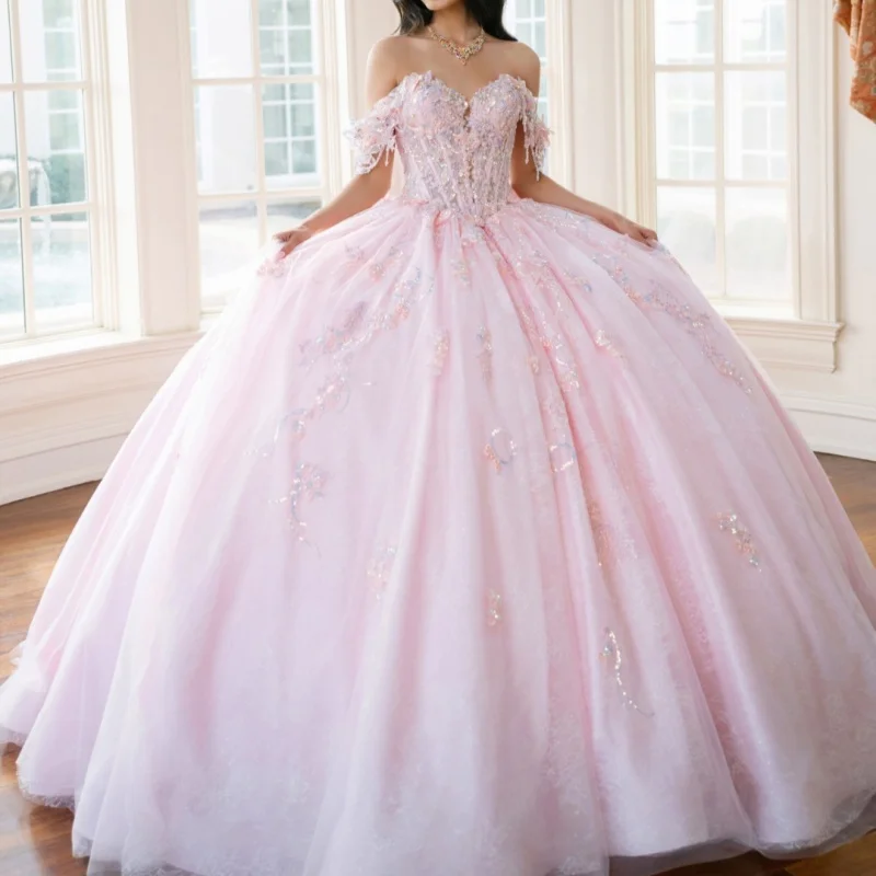 

Light Pink Quinceanera Dress off-shoulder Glitter Flower Decal Lace Long tail Bow Vestidos De 15 Quinceanera ﻿Customize