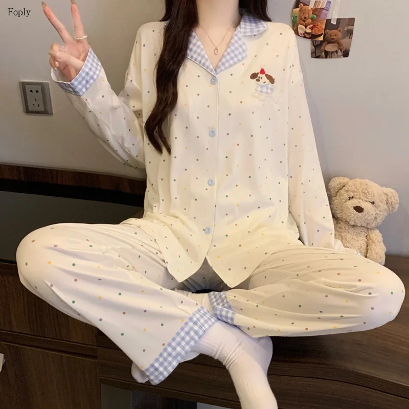 

Polka Dot Sleepwear Cartoon Pajamas for Women Spring Autumn New Contrasting Color Plaid Lapel Long Sleeve Pants 2 Piece Homewear