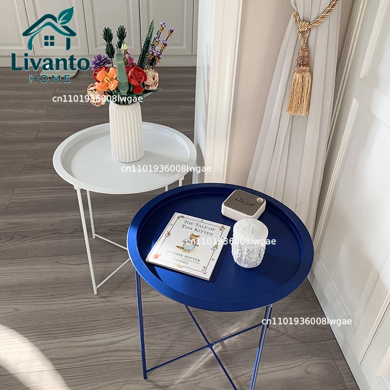 

Scandinavian Side Table Klein Blue Foldable Metal End Table Removable Tray Coffee Tables Minimalist Accent Desk for Living Room