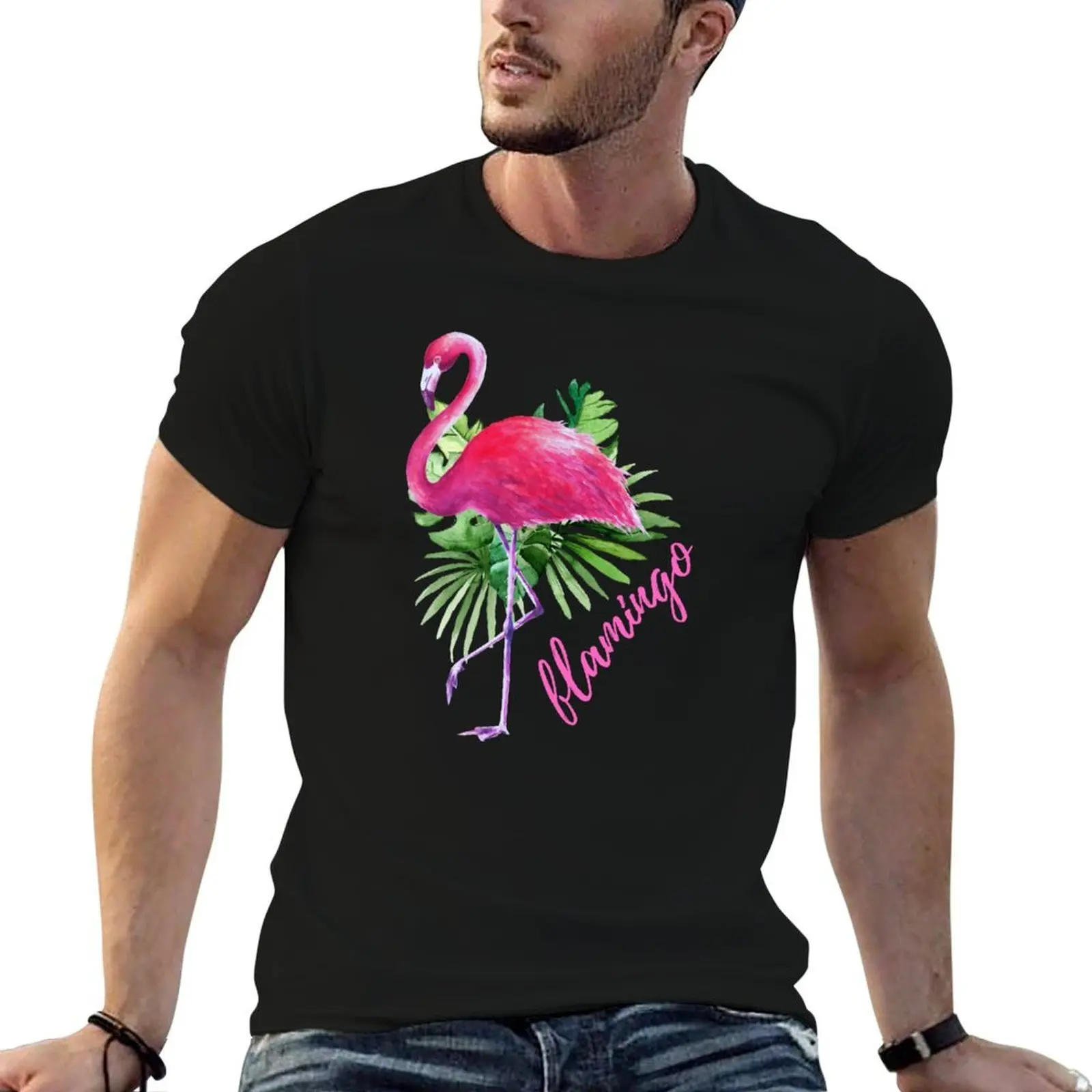 Pink Flamingo Watercolor Tropical Leaves T-Shirt man t shirts for men man t shirts cotton anime tshirt T-shirt