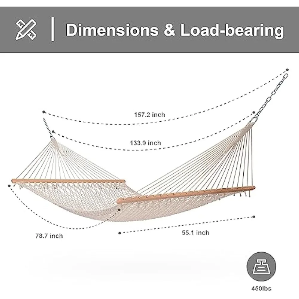 SUNCREAT Hammocks Traditional Rope Double Hammock with Hardwood Spreader Bar and Carrying Bag, 450 lbs Capacity, Natural