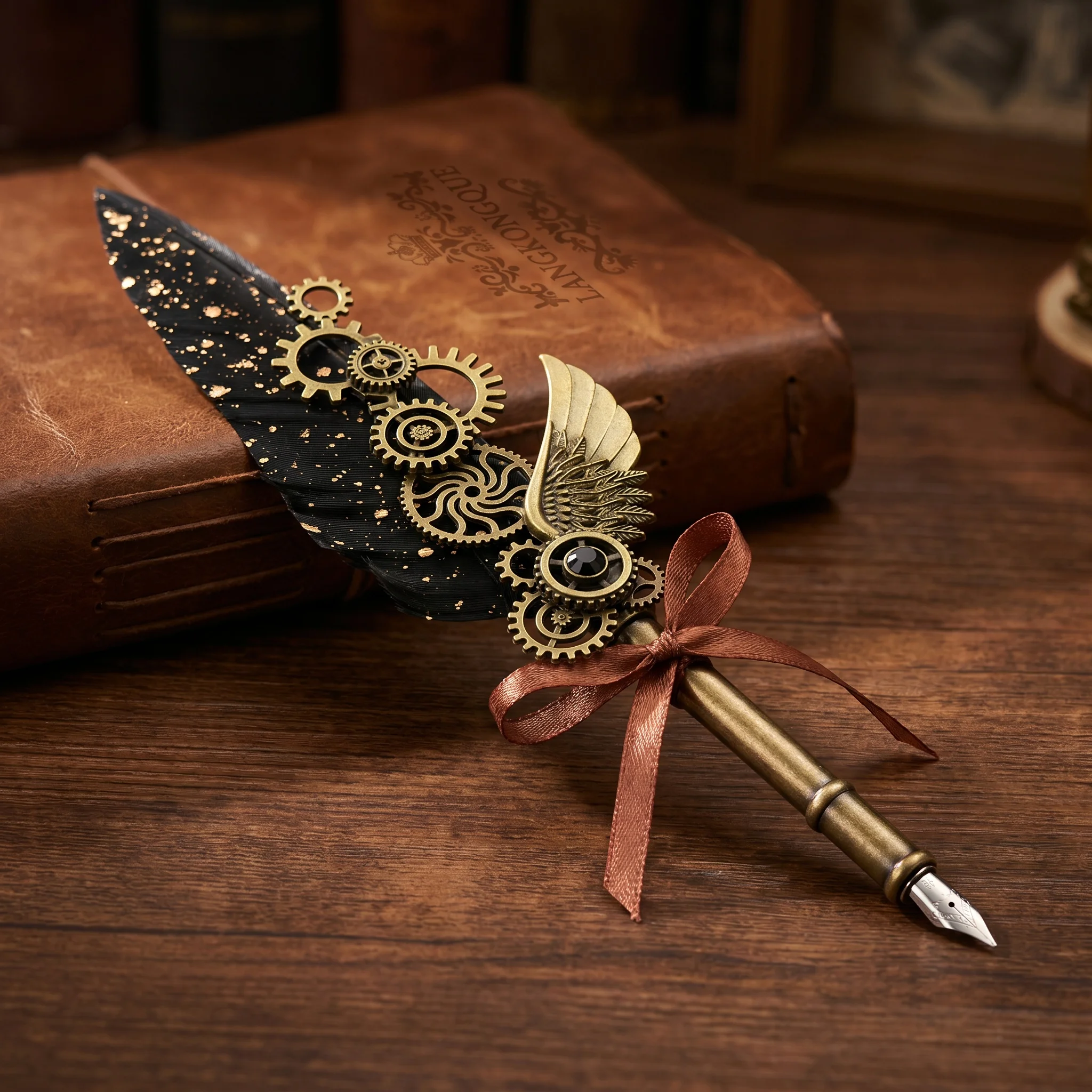 Vintage Handcrafted Steampunk Feather Quill Pen with Mechanical Gears Gold-Sprinkled Black Wing Alloy Nib for Writing Tools