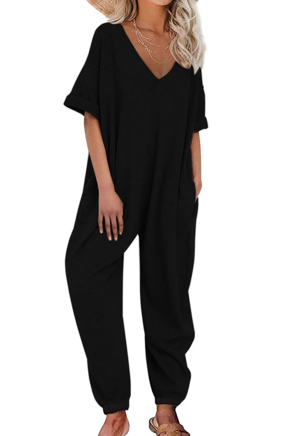 2024 New V-neck jumpsuit short sleeved long jumpsuit leggings loose fitting workwear pants