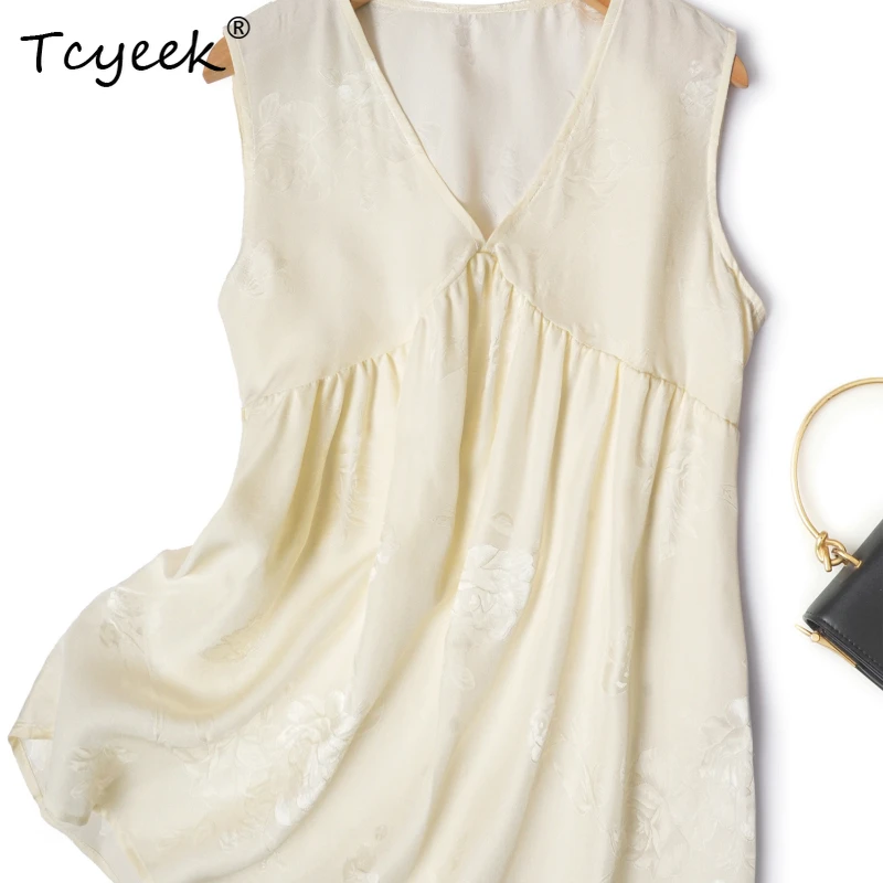 

Tcyeek 100% Mulberry Silk Summer Thin V-neck Sleeveless Loose Light Yellow Straight Tube Doll Women's Shirts Женская Одежда