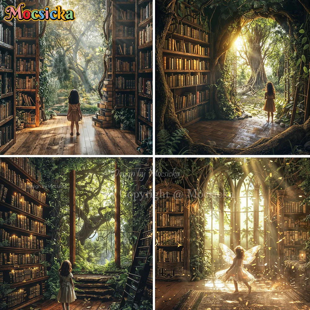

Mocsicka Spring Forest Wonderland Background Photography Magical Bookshelf Green Sunlight Backdrop Child Cake Smash Photo Studio