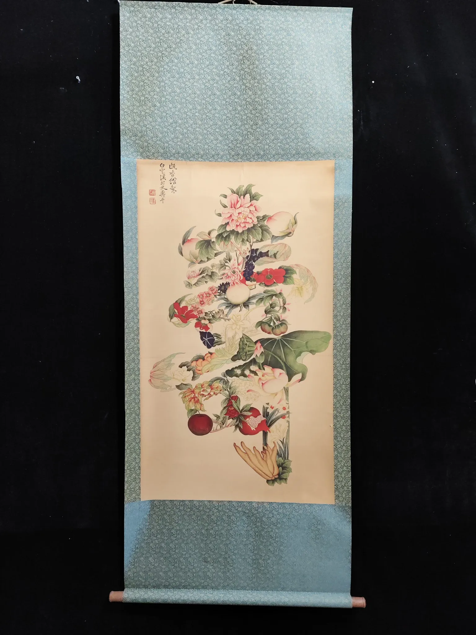 High-quality four-foot scroll painting with accompanying letter, featuring Empress Dowager Cixi's flower longevity painting,#02