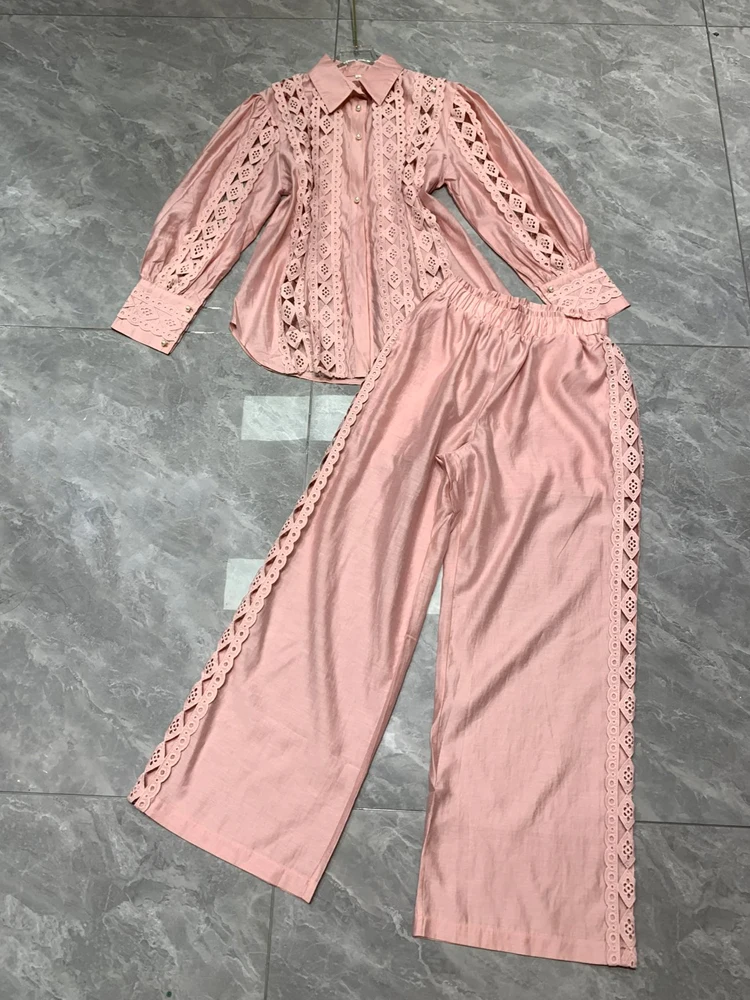 AELESEEN Designer Fashion Spring Summer Set Women Turn-down Collar Full Sleeve Hollow Out Blouse + Long Pants See-through Set