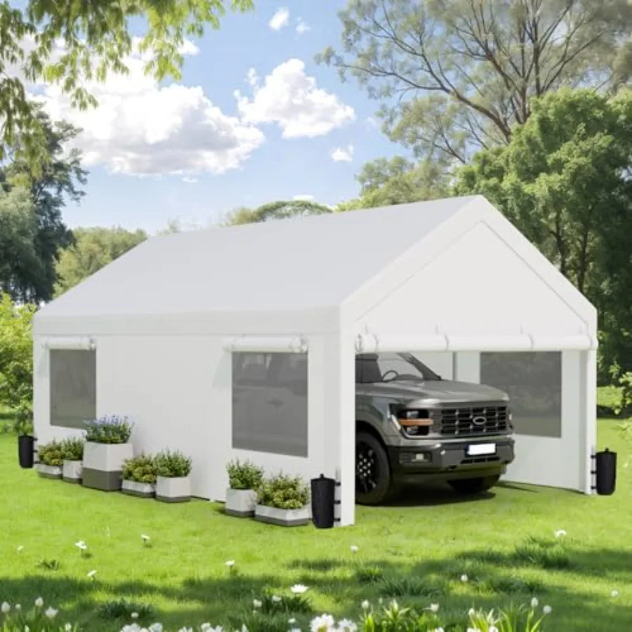 10x20 ft Carport, Heavy Duty Carport with Roll-up Windows, Portable Garage with Removable Sidewalls and Doors, Car Canopy with