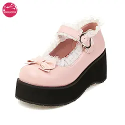 Women Men Cosplay Shoes Sweet Lolita Ruffles Bowknot Lace Bridal Wedding Girls Wedges Heel Princess Dress Pink Black Big Size 48