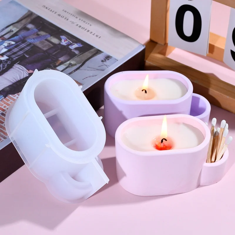 Oval Candle Cup Plaster Silicone Mold DIY Candle Jar With Match Storage Box Epoxy Resin Molds Home Decoration Crafts Casting