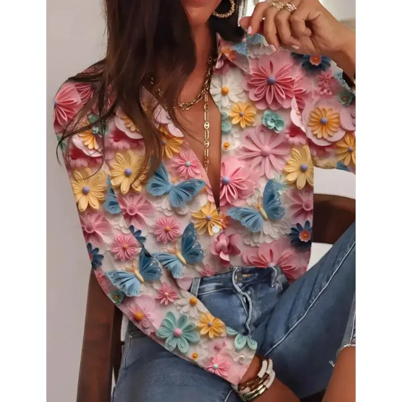 New women's high-end comfortable shirt with collar and button up floral printed patterns street style high-end shirt for women