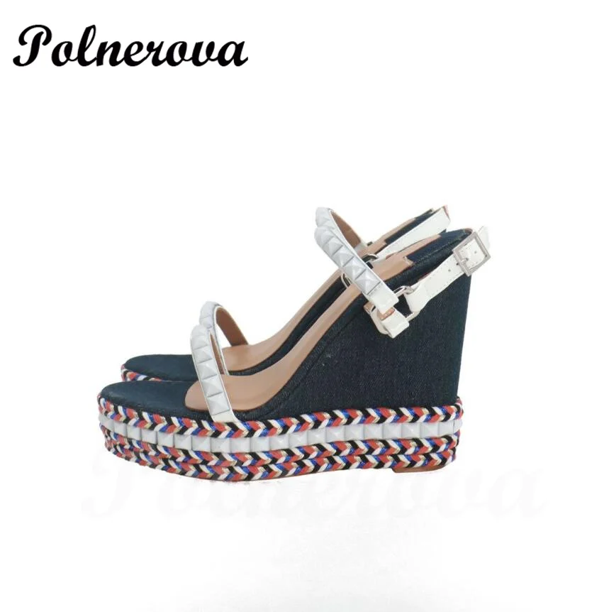 Women Dark Blue Denim Wedge Espadarille Sandals Wedge Sandals Low Platform Mixed Colors Patchwork Appliques Shoes for Ladies