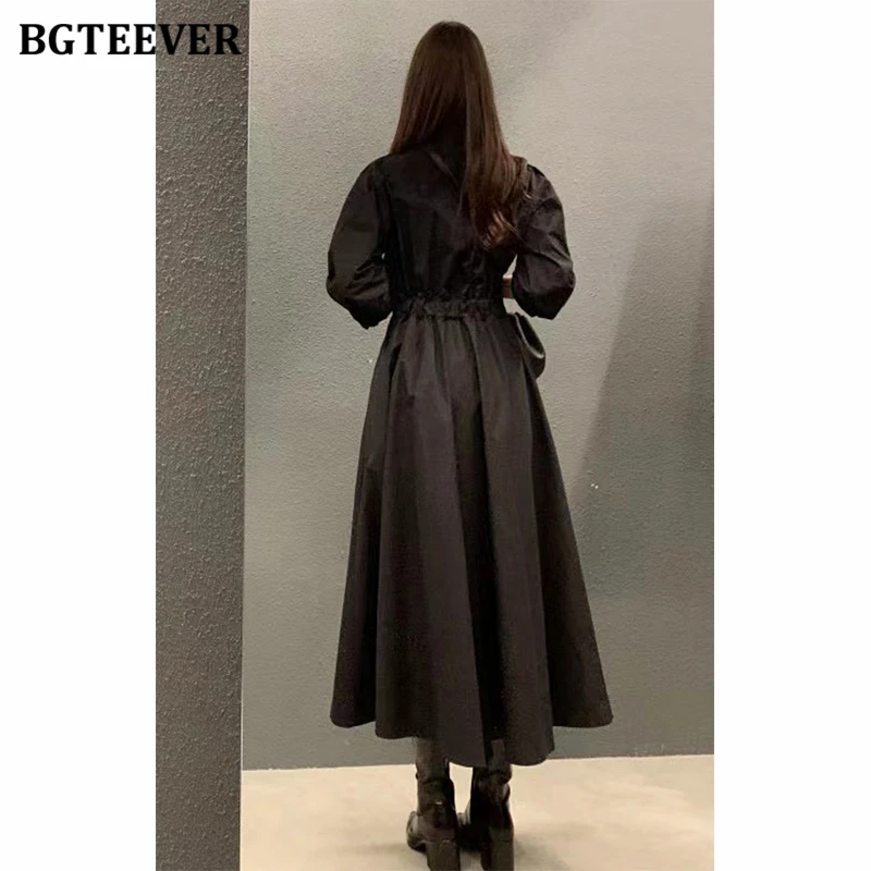 BGTEEVER Spring Vintage Lapel Long Sleeve Female A-line Dress Stylish Elastic Waist Single-breasted Midi Dress for Women